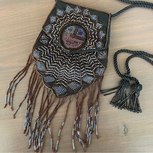 Small Black Beaded Crossbody Bag with Beaded Fringe